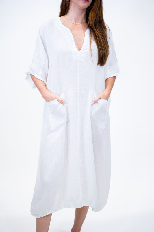 Vestido Alexandra lino blanco detalle