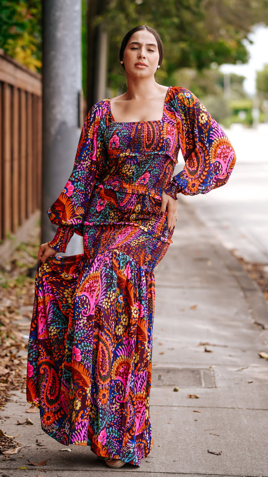 Vestido de seda Andaluz estampado pegado al cuerpo