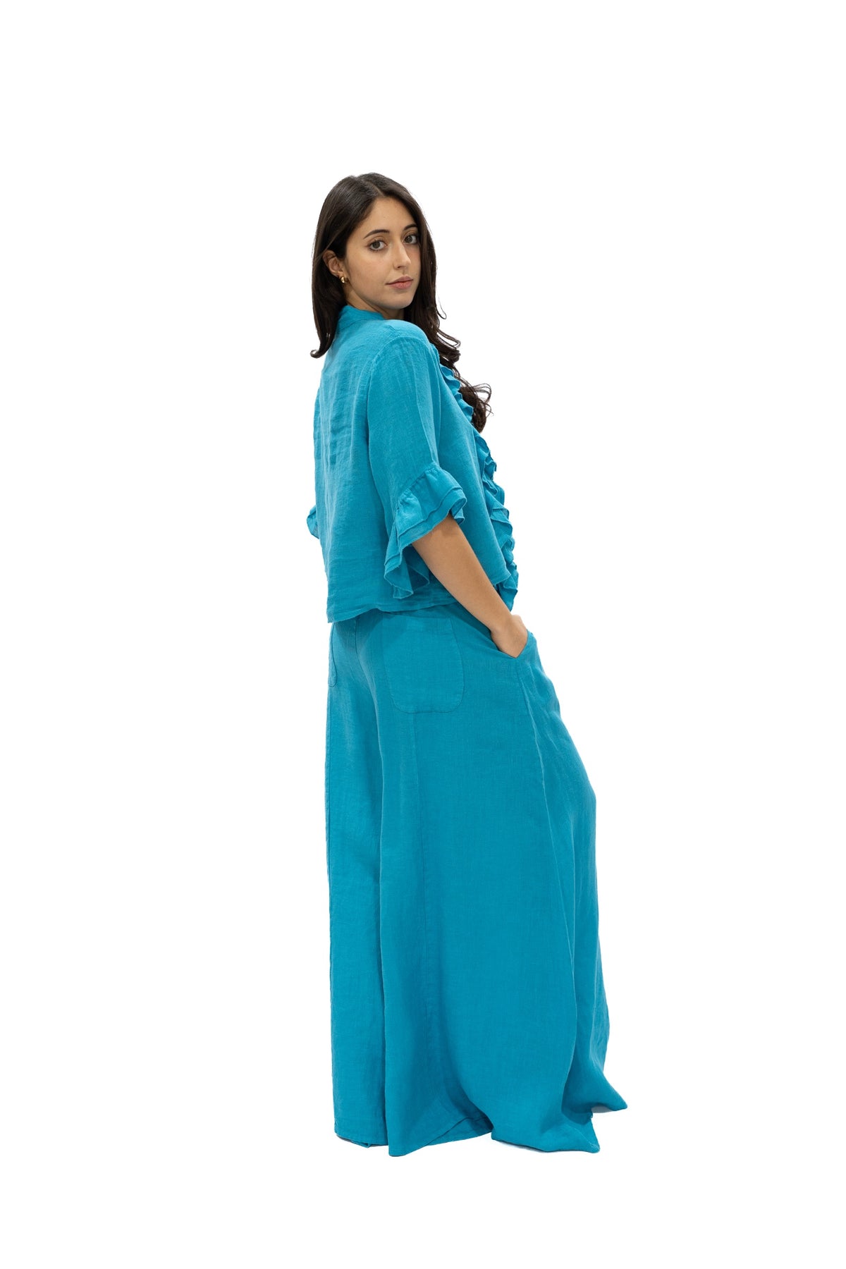 Top Marquesa lino turquesa lateral
