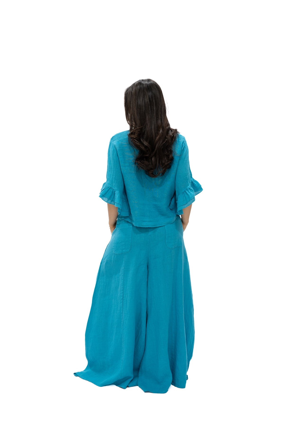 Top Marquesa lino turquesa espalda