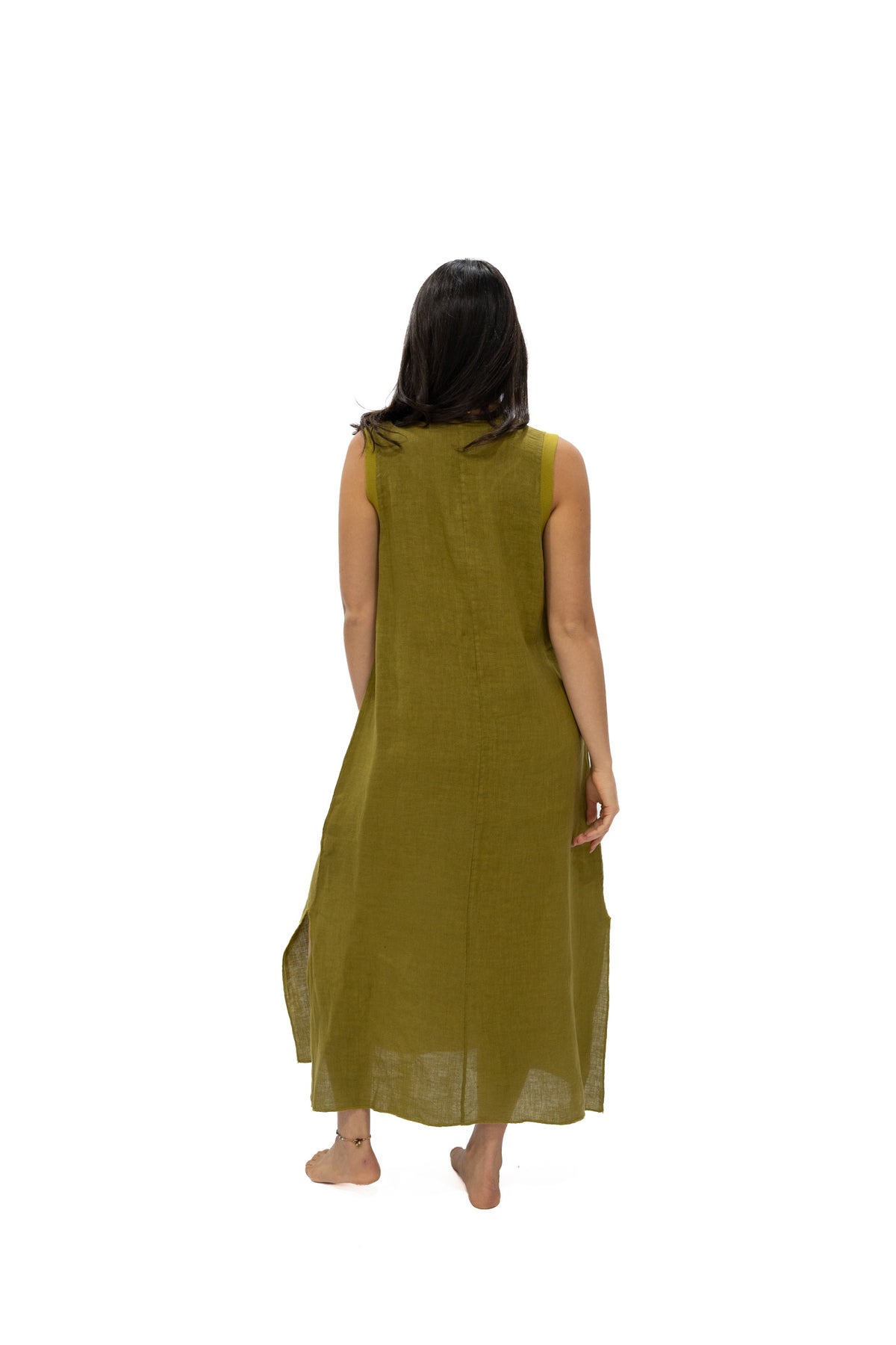 Vestido Madelyn lino laurel espalda