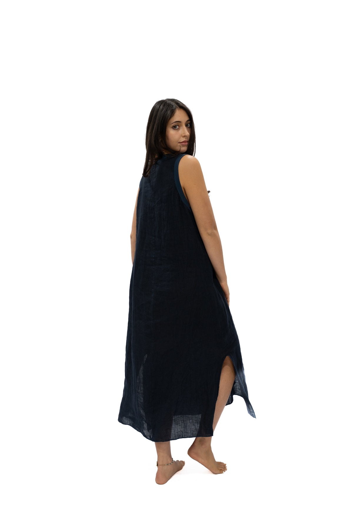 Vestido Madelyn lino navy lateral