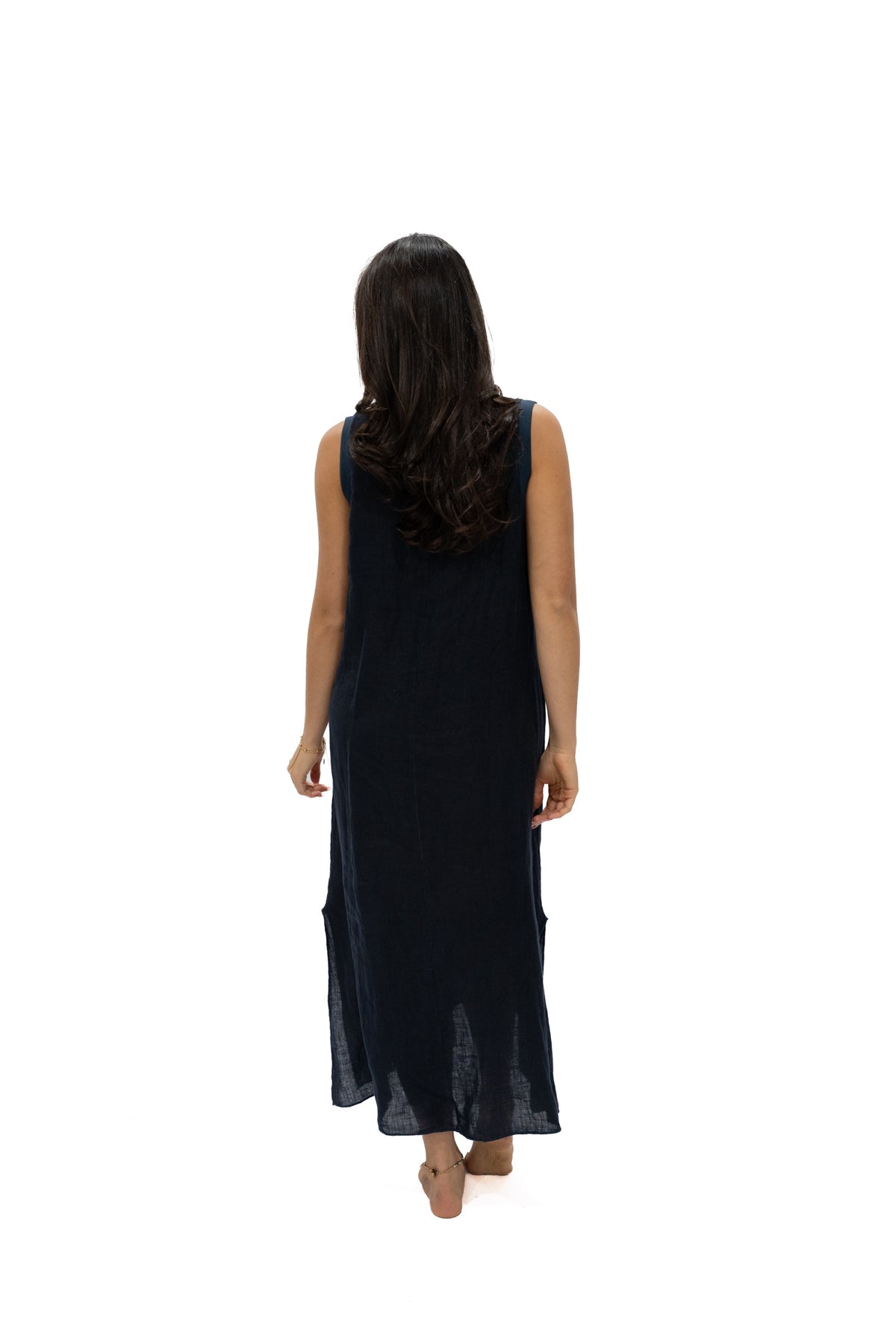 Vestido Madelyn lino navy espalda