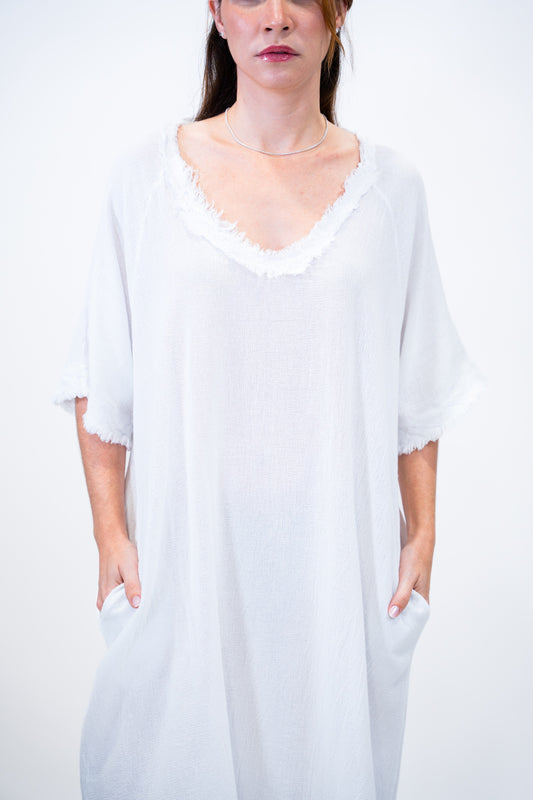 Vestido Talaia lino blanco detalle