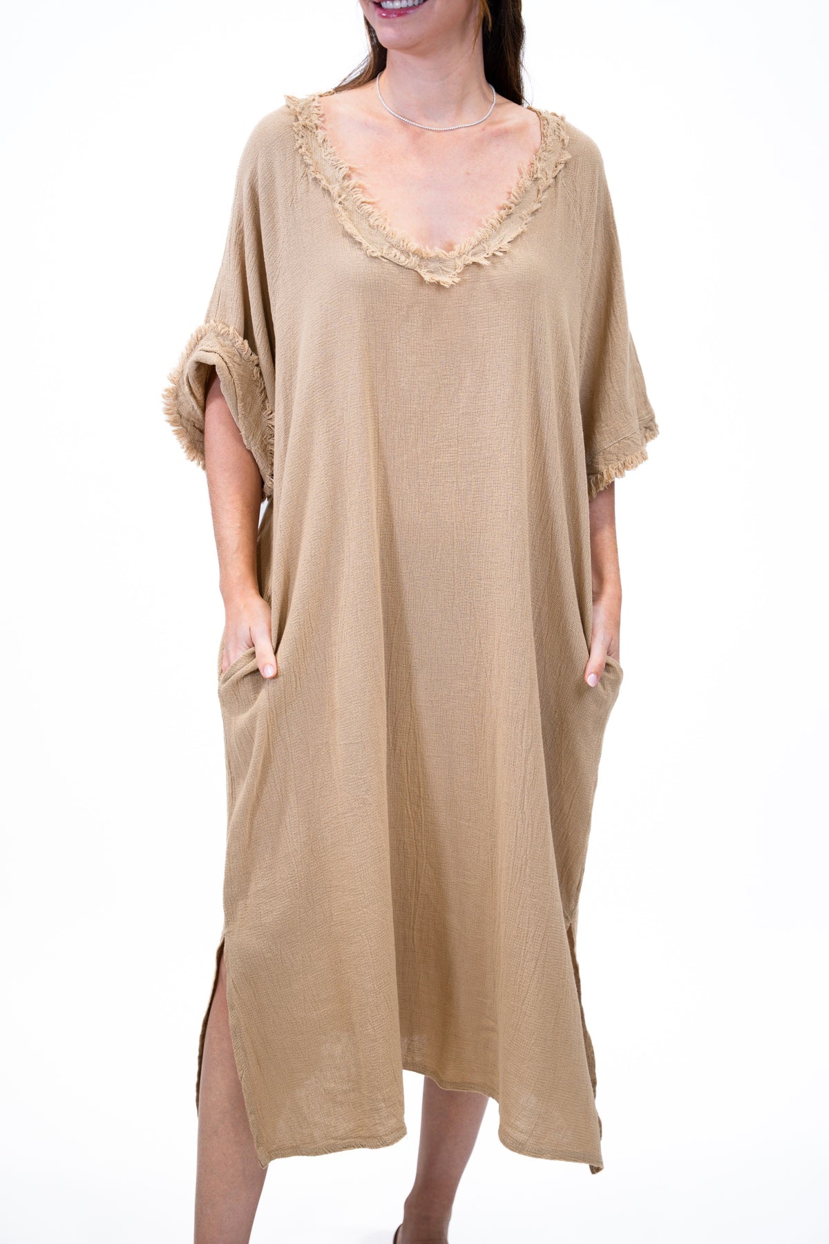 Vestido Talaia lino carmelita detalle